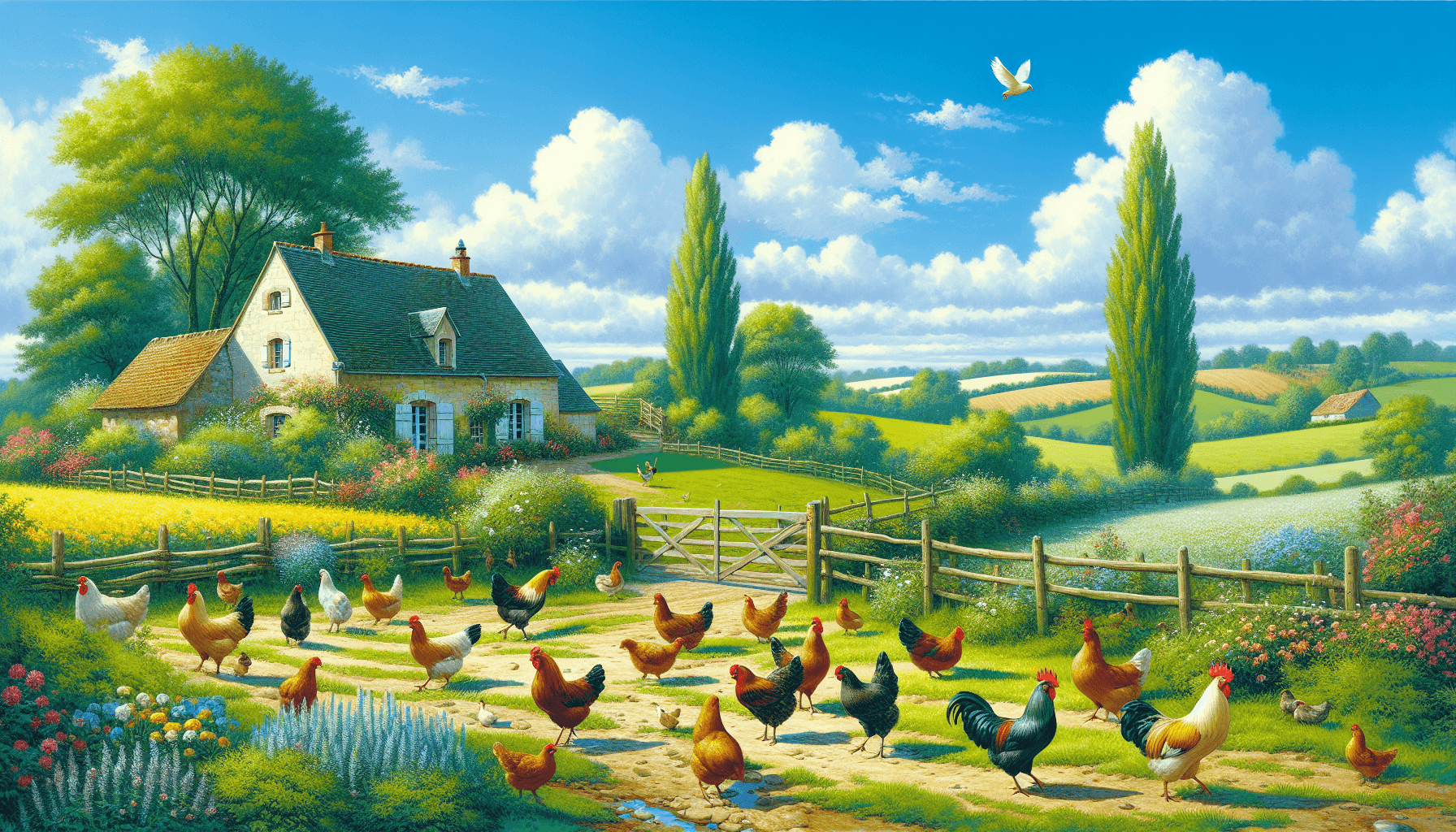 Vue de la ferme avec des poulets en plein air