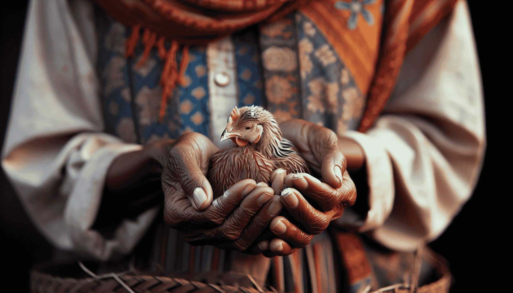 Mains d'un fermier tenant un poulet