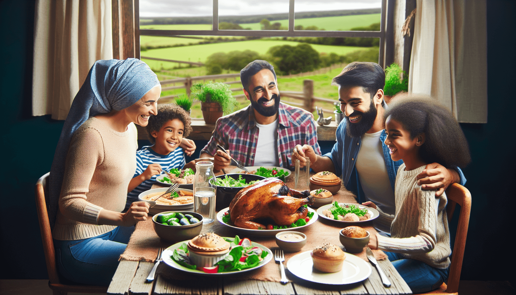 Famille dégustant un repas de volaille